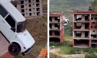 Vídeo: Russo cai de mais de15 metros ao tentar cruzar de um prédio para outro de carro