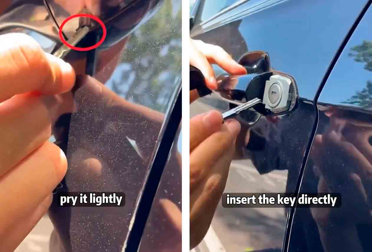 Vídeo mostra truque de como destrancar e ligar um carro com uma chave quebrada.Fotos e vídeo: reprodução Tiktok @conggeshuoche
