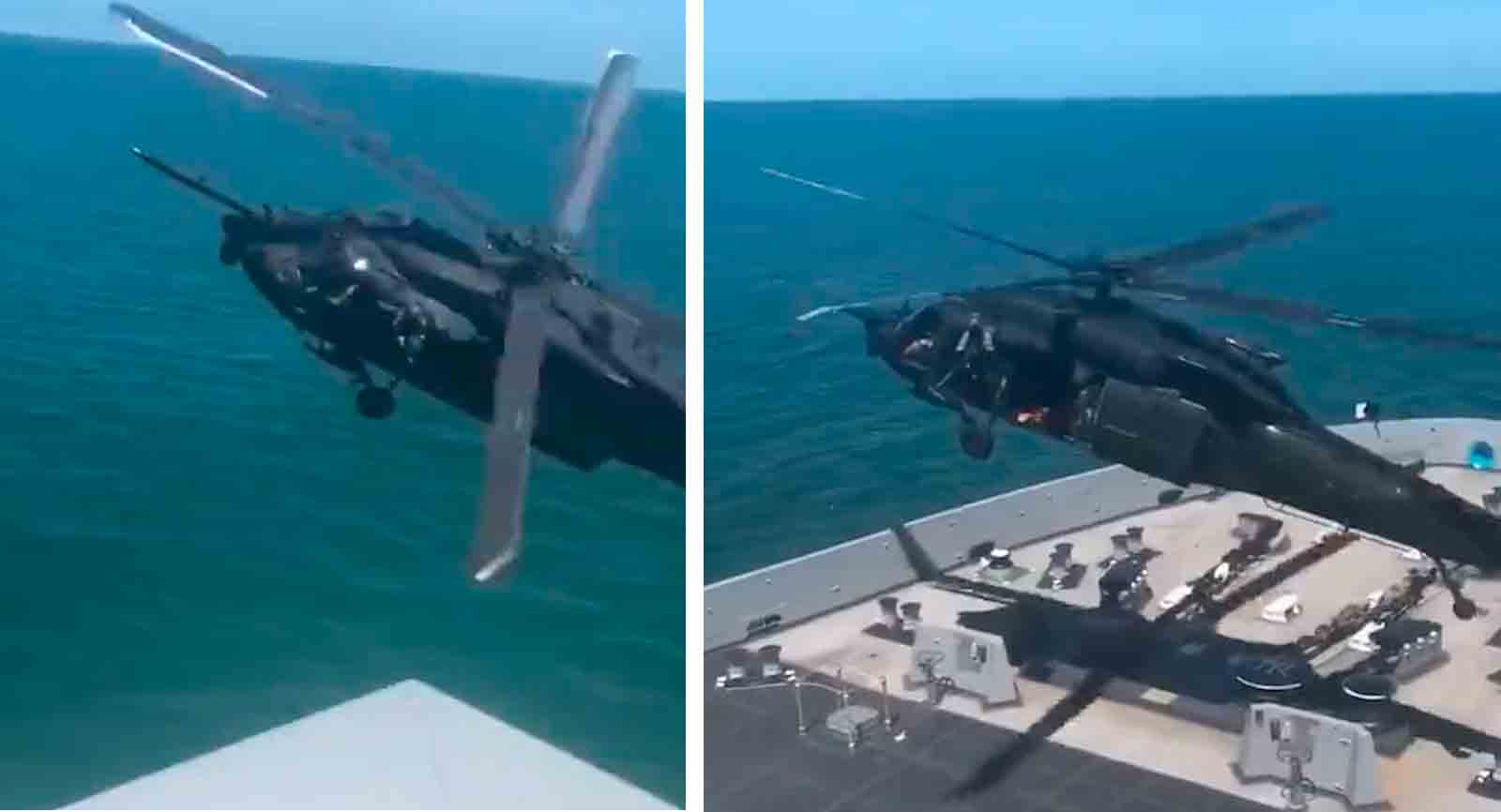 Ongelooflijke video toont de onderschepping en invasie van een bewegend schip door een helikopter van het Amerikaanse leger. Foto en video: Reproductie twitter @stallhornlulul