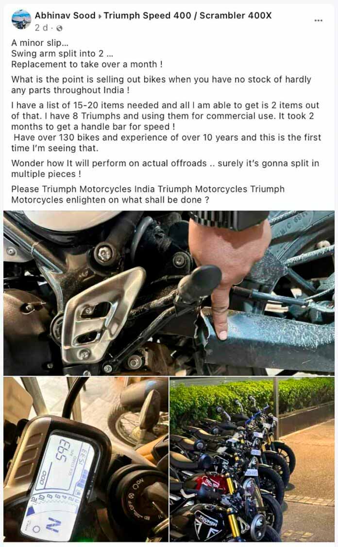 ajaj-Triumph reageert op eigenaar die beweert dat de swingarm van de Triumph 400 na 4 dagen brak. Foto: Reproductie Facebook 
