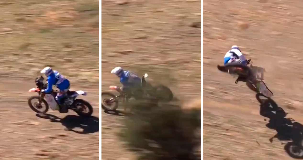 Rider splits the chassis of his electric bike in half during Dakar Rally