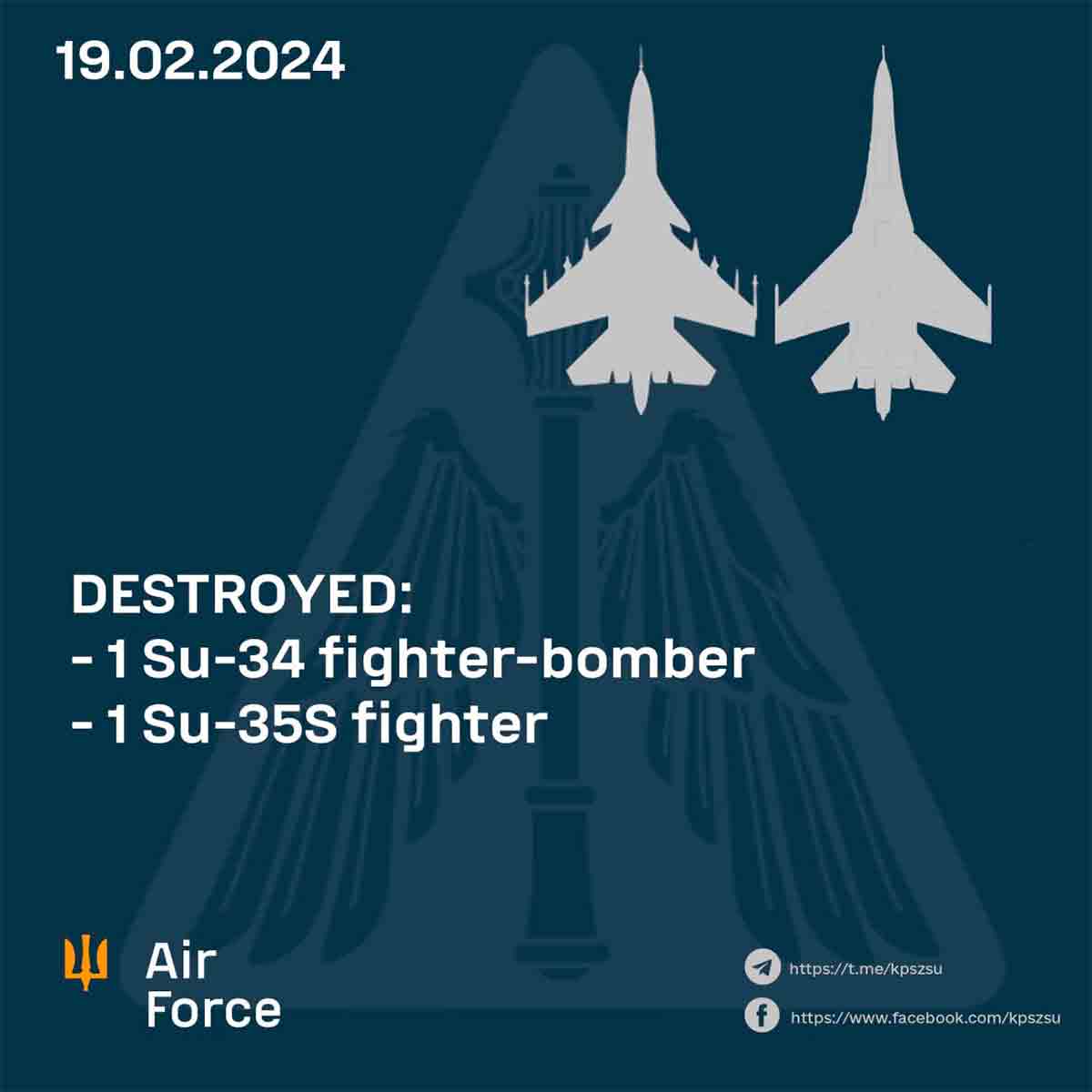 Den ukrainska flygvapnet meddelar nedskjutningen av ytterligare två ryska stridsflygplan, vilket totalt innebär 6 flygplan på tre dagar