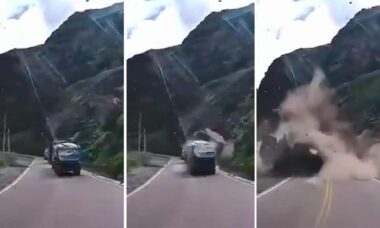 Vídeo mostra avalanche de pedras gigantes esmaga completamente dois caminhões. Foto e vídeo: Reprodução Twitter @Top_Disaster