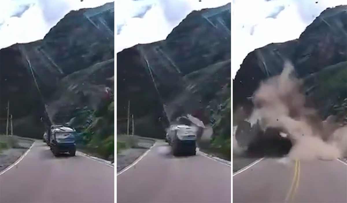 ビデオは巨大な岩の雪崩が2台のトラックを完全に押しつぶす様子を示しています。写真およびビデオ：再生Twitter @Top_Disaster