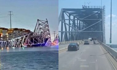 Ponte Francis Scott Key antes e depois da queda. Fonte Reprodução/X @EricAbbenante @RanaTells
