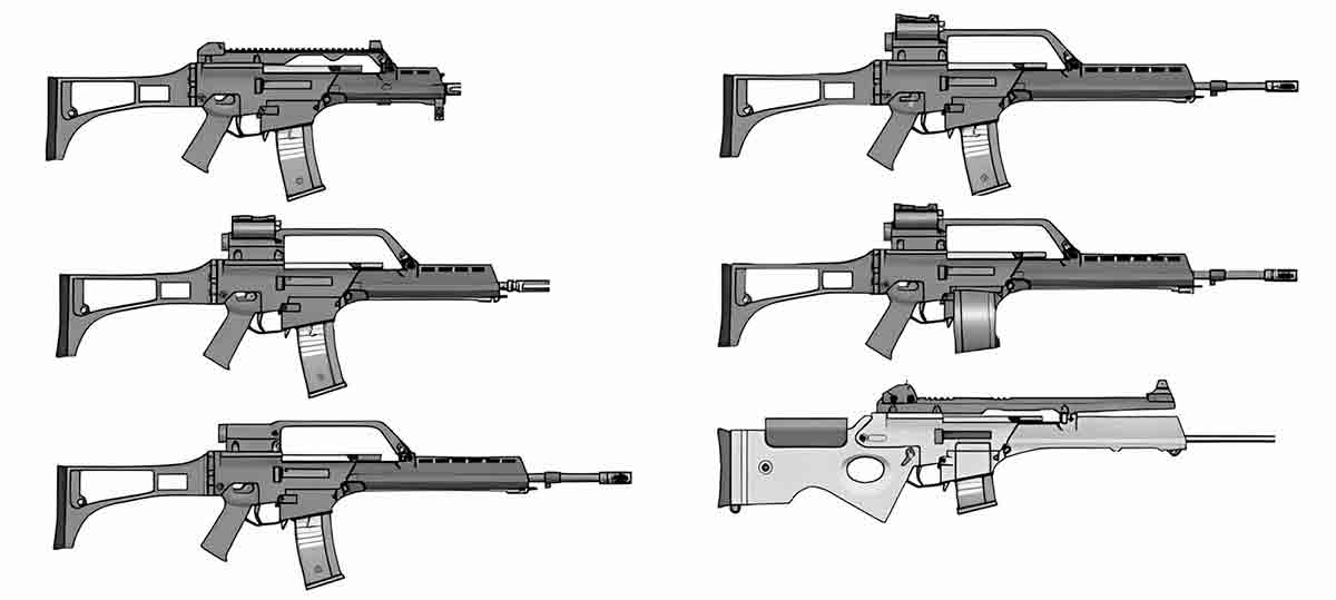 Varianti G36 dall'alto in basso: G36C, G36K, G36V (G36E), G36, MG36 e SL8
