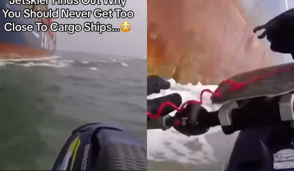 Piloto de jet ski escapa por pouco de acidente após se aproximar demais de navio cargueiro