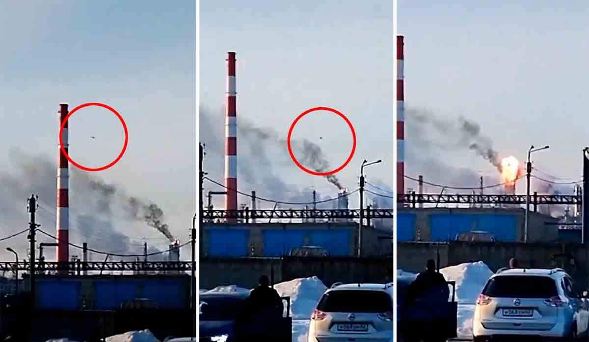 Video toont Oekraïense drone die ontploft in raffinaderij in Rusland. Foto en video: Reproductie Twitter @visegrad24