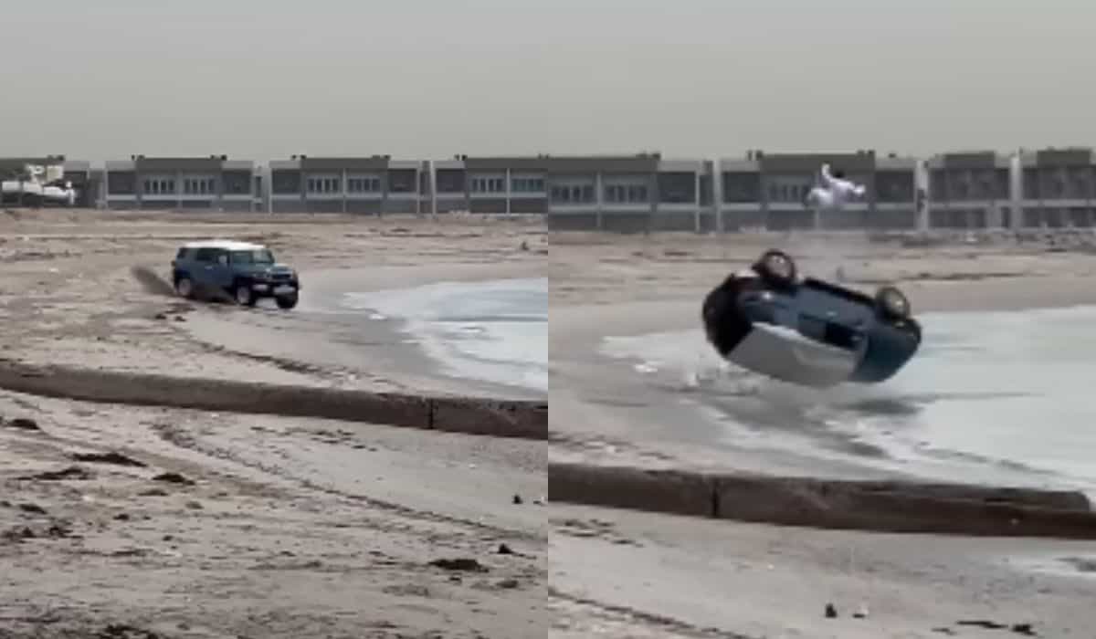 Der Fahrer führt ein gefährliches Manöver mit dem Toyota FJ Cruiser am Strand durch und wird ausgeworfen. Foto: Wiedergabe YouTube Mark Makhoul - @248am.