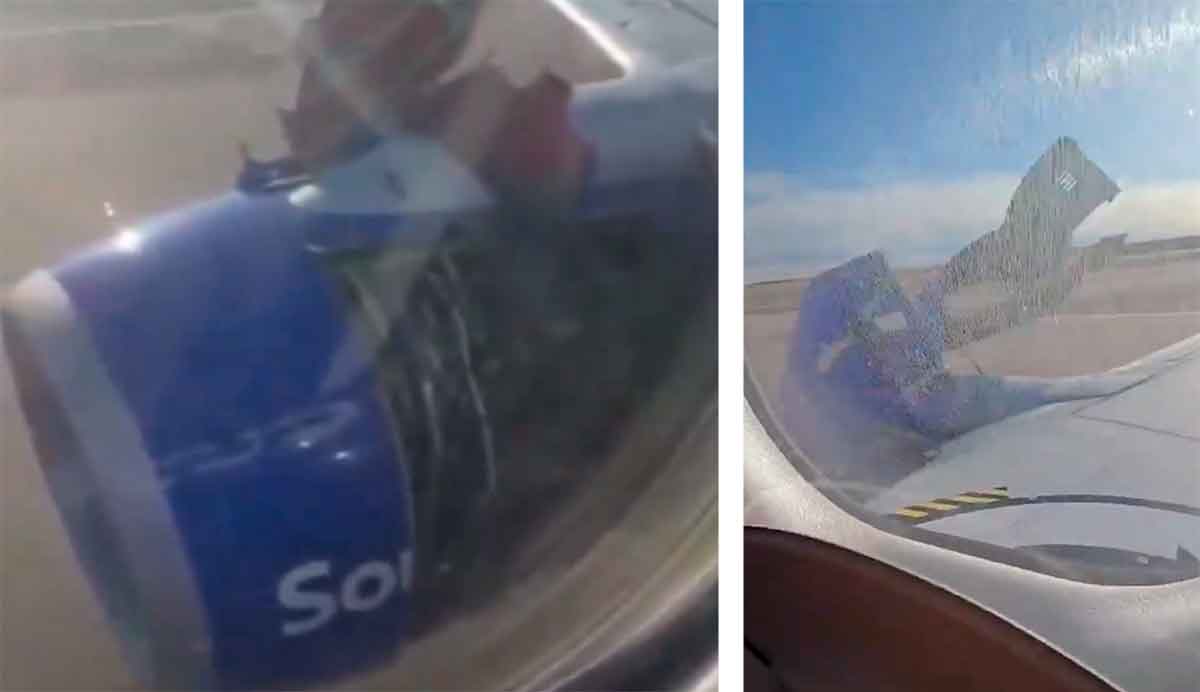 Videon visar ögonblicket då en del av en Boeing 737-motors lossnar under starten. Bild och video: Twitter @CollinRugg
