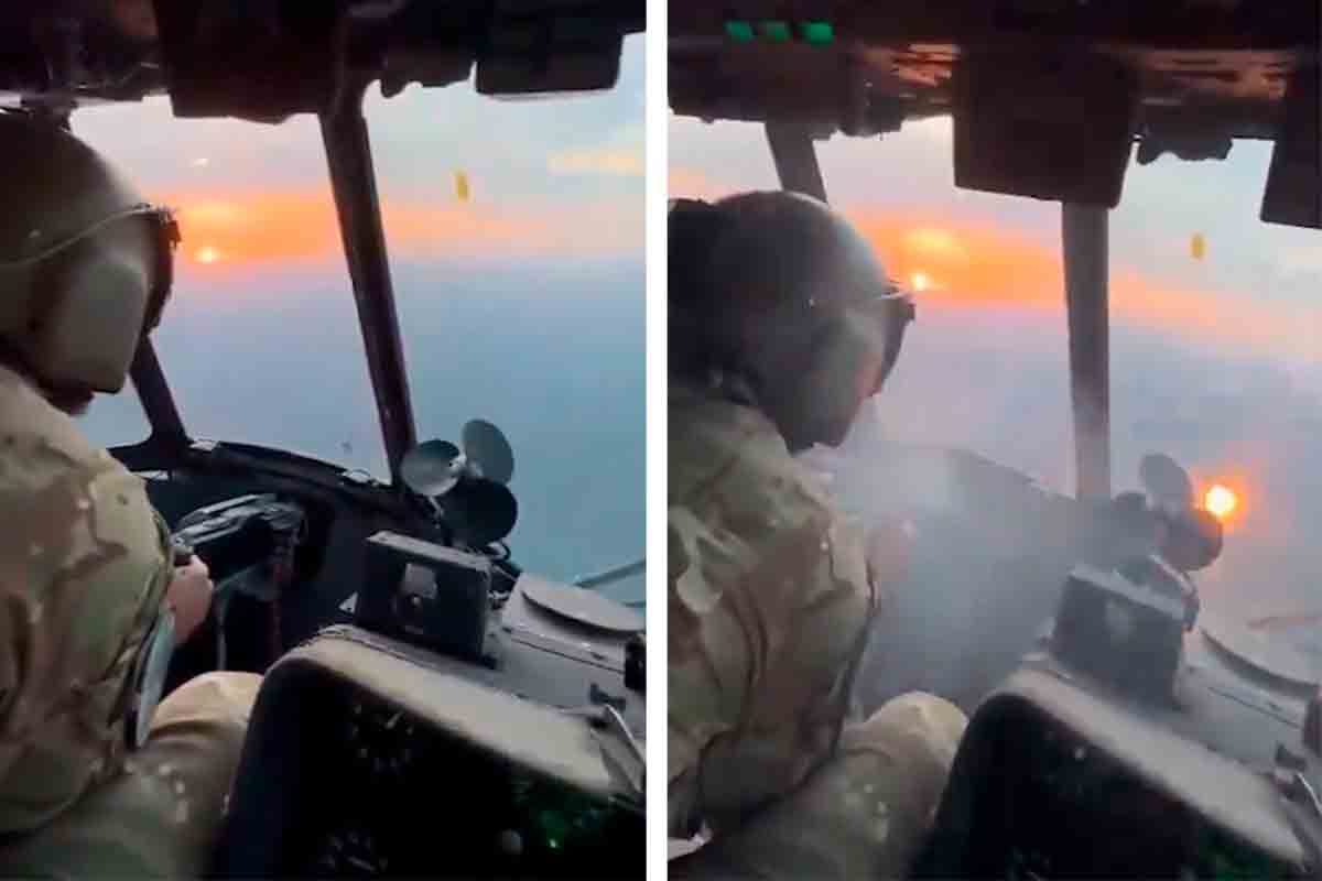 Video viser ukrainske helikopterpiloter som jakter på Shahed-droner. Twitter @clashreport