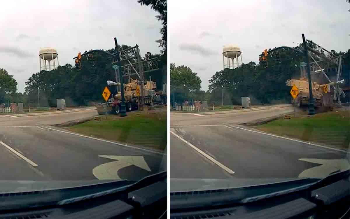 Godstog kolliderer med lastebil som transporterer en militærtank i USA. Bilder og videoer: X @katysolt / @AhoraTabasco