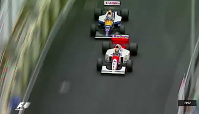 F1 race in Monaco with battle between Ayrton Senna and Nigel Mansell (Formula 1 / YouTube)