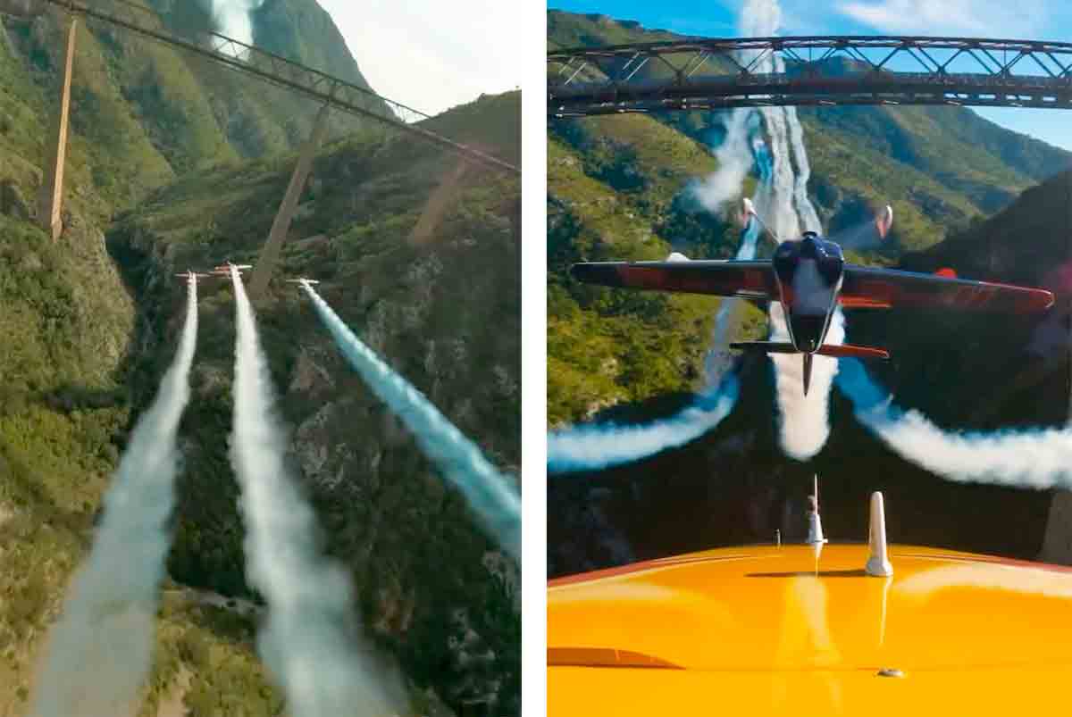 Piloten führen einen einzigartigen Flugmanöver unter der höchsten Brücke Europas durch. Instagram @redbull