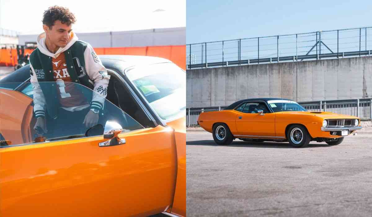 Lando Norris arrives at the U.S. GP in a customized 1973 Barracuda