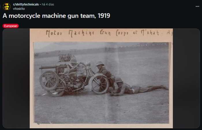 A 1919 photo reveals the unusual engineering of the British Army: motorcycle with Vickers machine gun (Reddit - r/shittytechnicals: vitoskito)