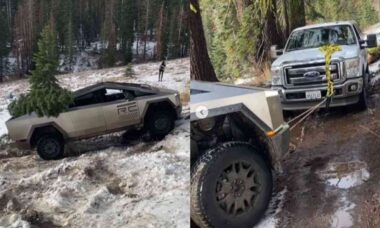 Vídeo: Cybertruck da Tesla fica presa em colina com neve e precisa ser rebocada por Ford F-150