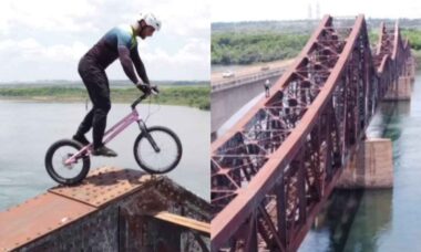 Campeão de bike trial enfrenta desafio radical em ponte no Brasil e viraliza