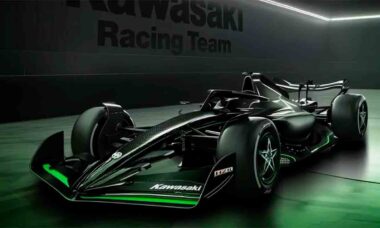 Kawasaki faz pegadinha com protótipo de carro de Fórmula 1 alimentado por motor H2R supercarregado (Instagram @kawasaki_espana)