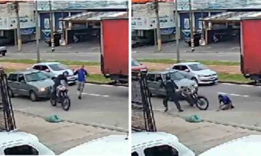 Suspeito de roubar moto é preso após levar voadora em tentativa de fuga no Brasil (X @perrenguemt)