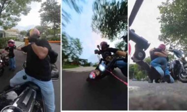 Vídeo viral mostra menina caindo de minimoto ao lado do pai em condomínio