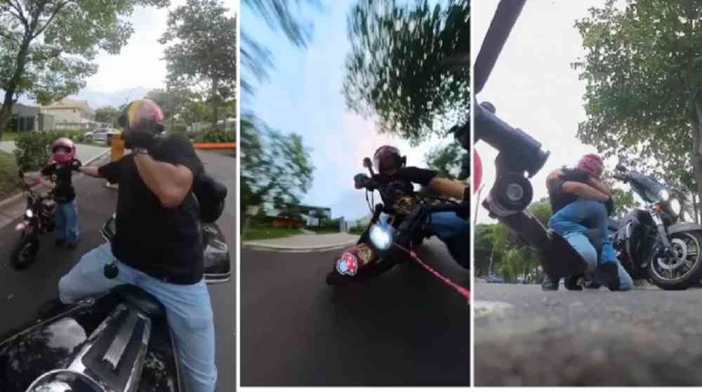 Viral Video zeigt Mädchen, das neben ihrem Vater in einem Wohnkomplex von der Minimotorrad fällt
