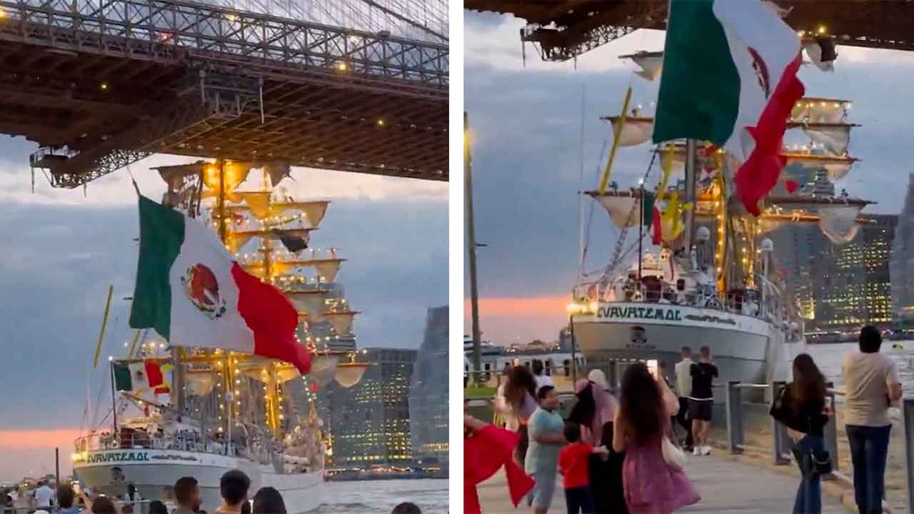 Imponerande video visar hur mexikanskt marinfartyg kraschar in i Brooklynbron. X @orenjinoir