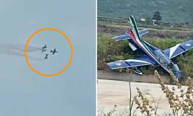 Três jatos da Frecce Tricolori colidem no ar durante apresentação na ilha de Pantelleria. X @ItalianAirForce | @Fahadnaimb