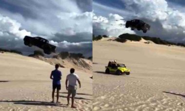 Motorista de picape salta sobre buggy em duna no Brasil e gera revolta