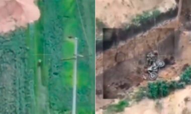 Vídeo de drone mostra soldado russo falhando ao tentar saltar vala antitanque com moto. Foto: X @GloOouD