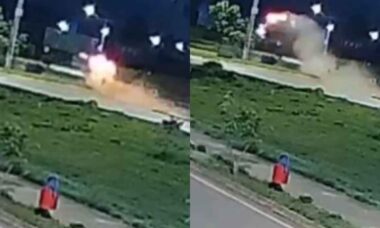 BMW capota após "voar" sobre rotatória em avenida do Brasil