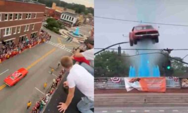 Dublê salta com réplica do General Lee, de "The Dukes of Hazzard", sobre fonte em festival nos EUA