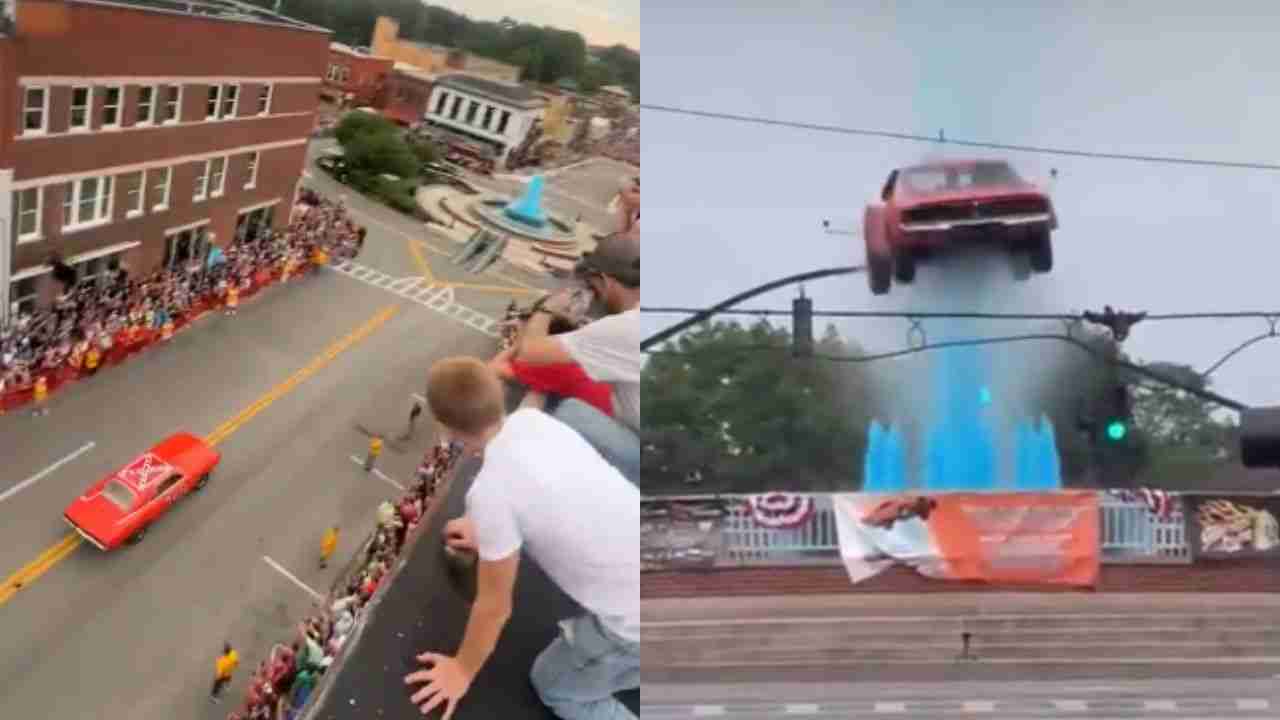 Dublê salta com réplica do General Lee, de "The Dukes of Hazzard", sobre fonte em festival nos EUA