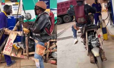 Homem constrói moto funcional de madeira e surpreende ao abastecê-la em posto de gasolina