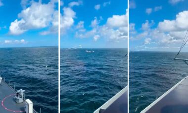 Vídeo mostra Su-24 russo hostilizando navio da marinha dos EUA com sinalizadores. X @MaimunkaNews