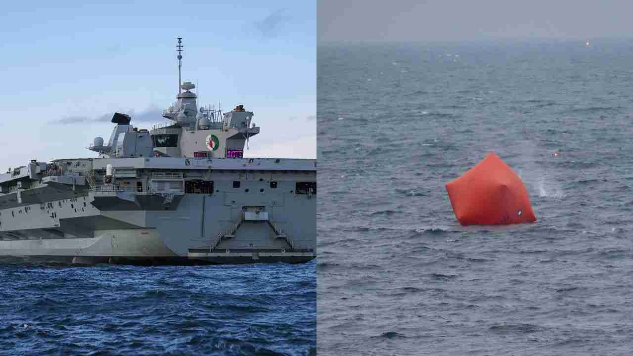 Porta-aviões HMS Queen Elizabeth testa armas contra alvo inflável durante exercício naval