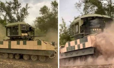 Ucrânia apresenta protótipo “Tower 1” de proteção do M2 Bradley. Instagram @iron_nuts_ua