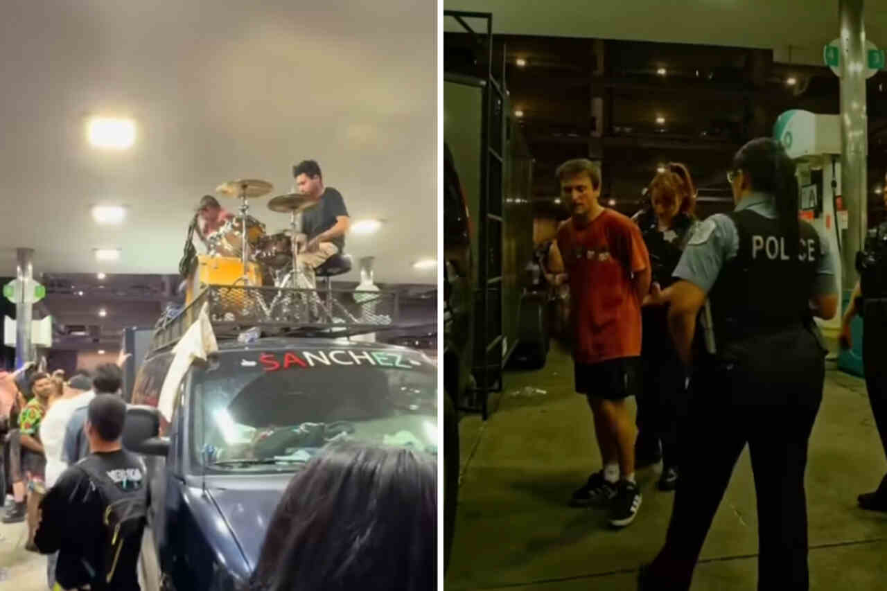 Band spiller overraskelseskonsert på en bensinstasjon i Chicago, og vokalisten blir arrestert