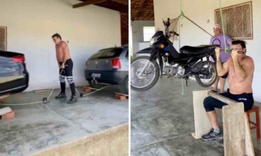 Homem de 61 anos faz sucesso ao usar carro e moto como peso de academia