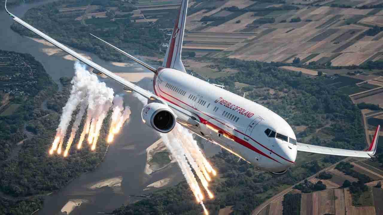 Polish Air Force Boeing 737 impresses by releasing flares during aerial rehearsal