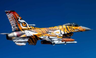 F-16AM português com pintura especial para o NATO Tiger Meet. Foto: Forças Aéreas Portuguesas
