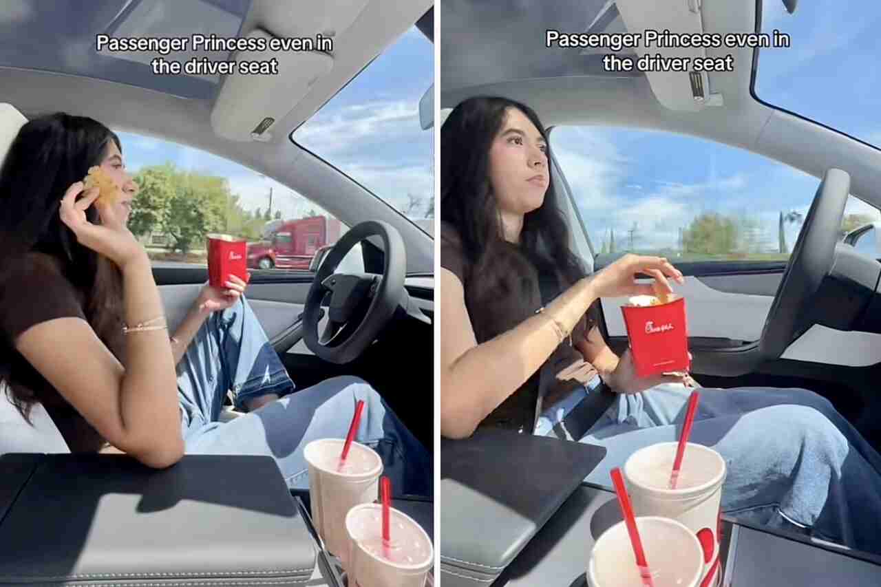 Video: Kvinne sett mens hun spiser en snack i førersetet mens Tesla kjører for henne