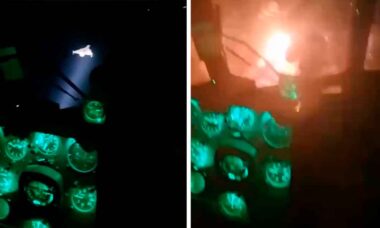 Helicóptero ucraniano Mi-8 abate drone russo Geran-2, versão do Shahed iraniano. Instagram @drone_wars_