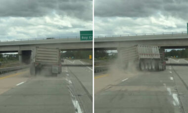 Vídeo assustador mostra caminhoneiro "balançando" caçamba no meio de rodovia