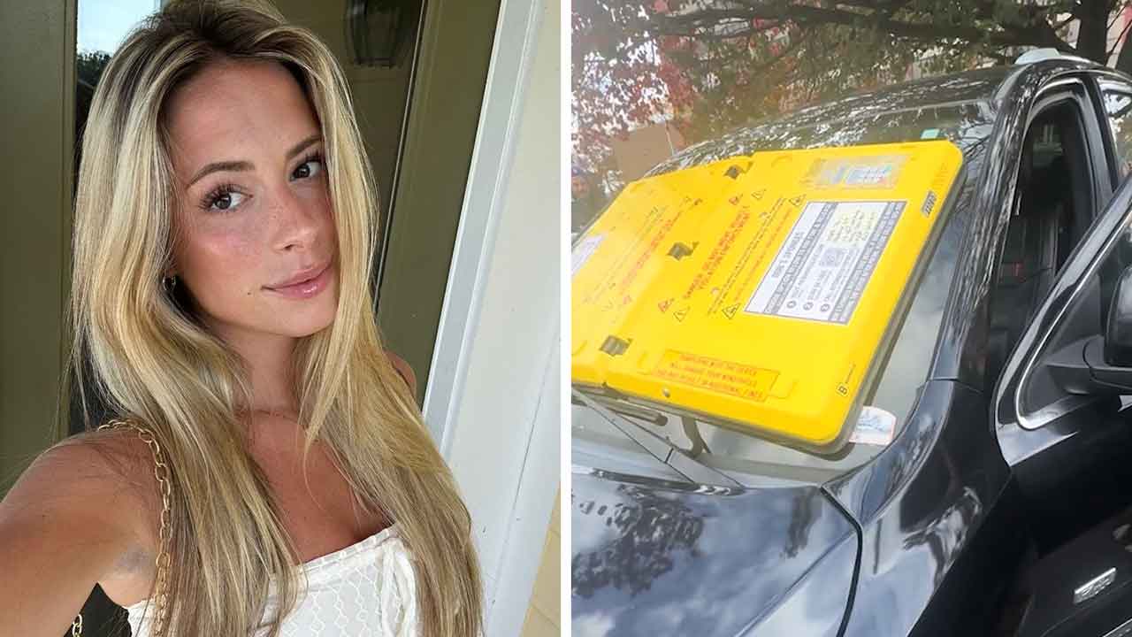 Mulher encontra bloqueador de para-brisa 45 segundos após estacionar em área particular. Foto: TikTok @olivialangston7