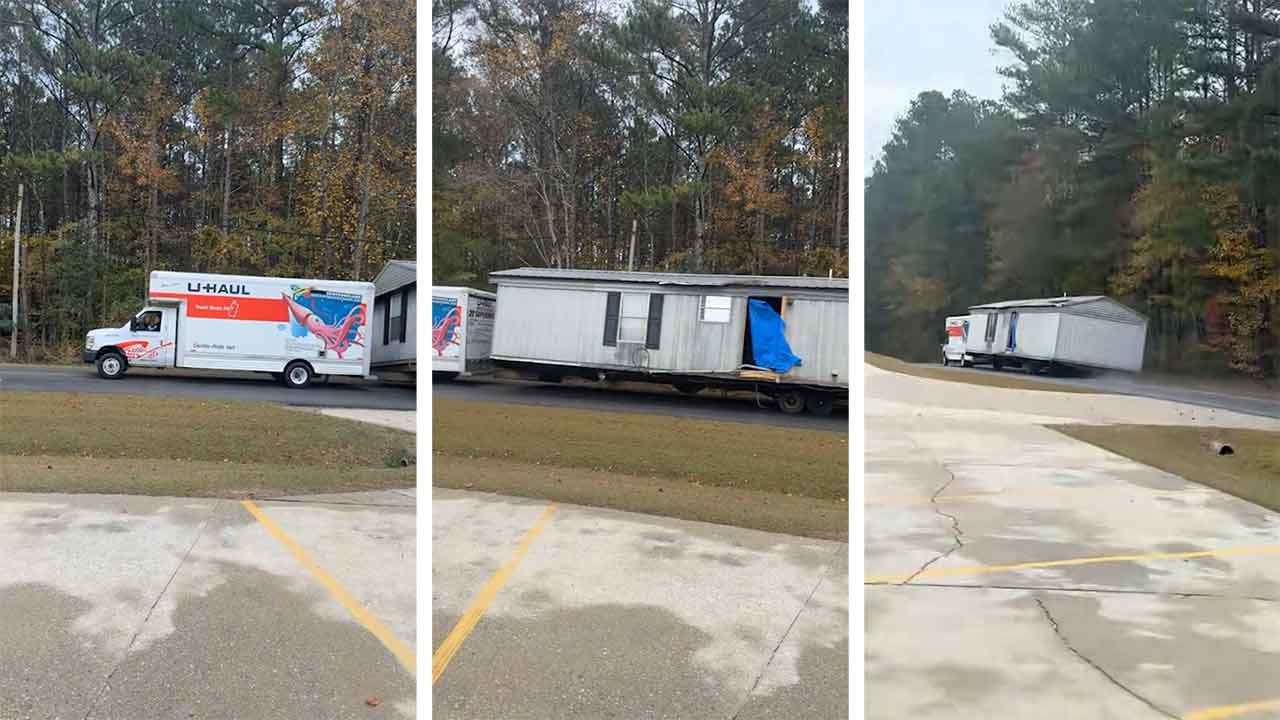 A driver is seen transporting an entire house in a small moving truck. TikTok @flipwithtev