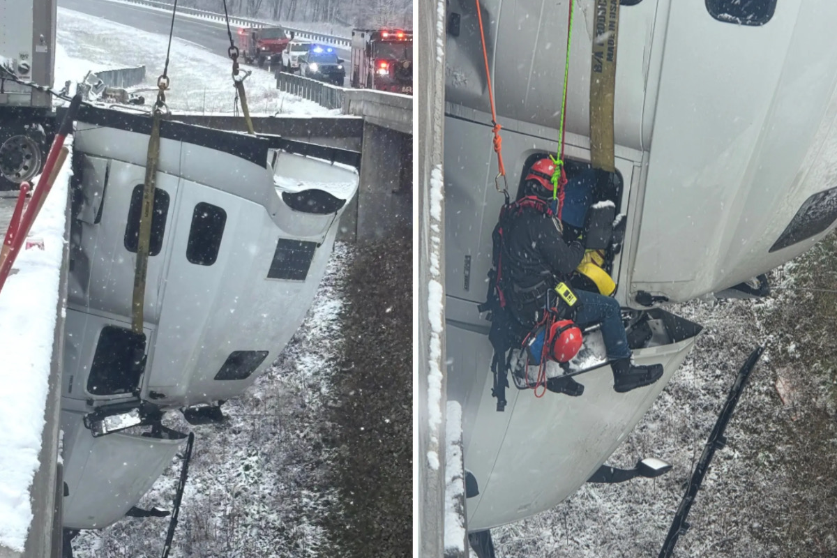 Un conducteur secouru après que son camion soit resté suspendu à 30 mètres de hauteur sur une autoroute aux États-Unis
