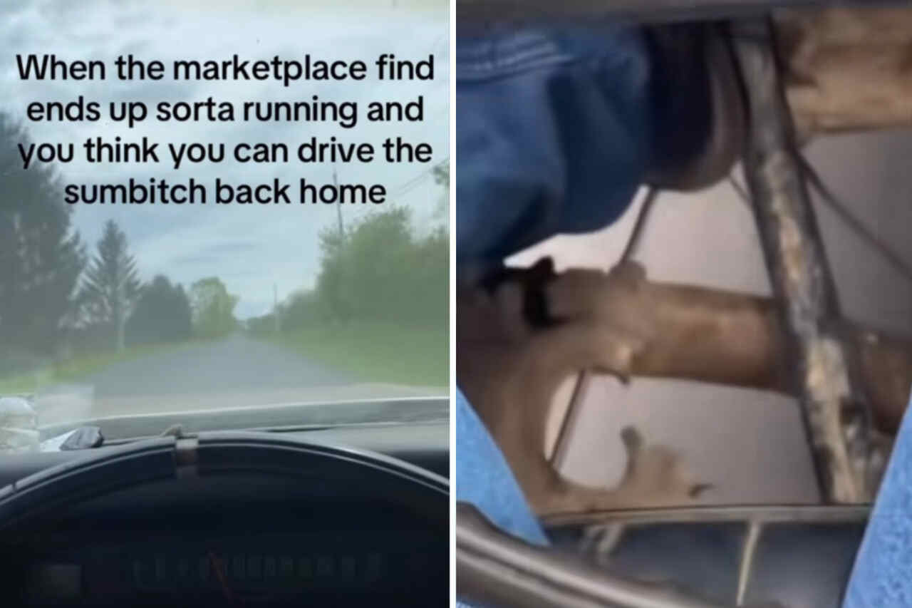 Video: Even with a hole in the floor, man drives newly purchased car home