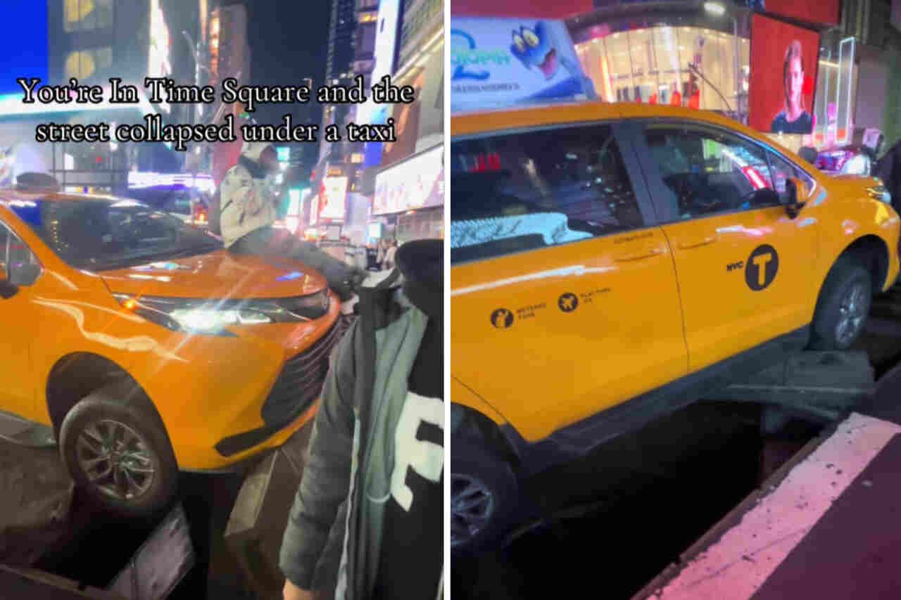Vídeo: Táxi fica preso após parte do chão ceder na Times Square