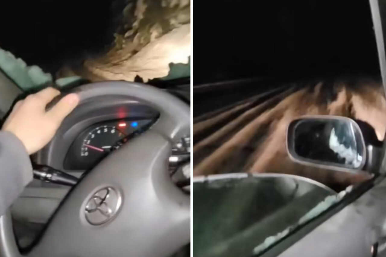 Skremmende video viser sjåfør som tar store sjanser på mørk vei under snøstorm